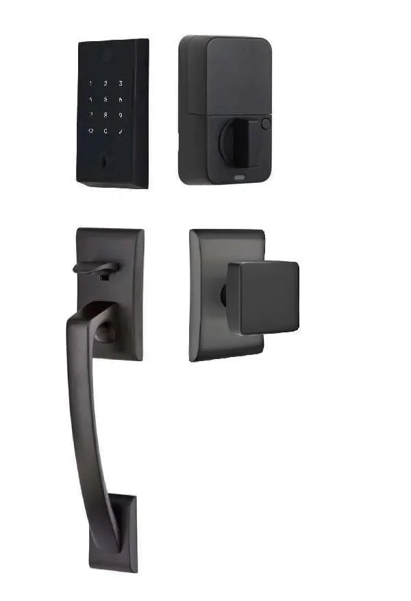 Emtek EMPowered 2 Touch Key Free Entry Set with Ares Grip and Interior Square Knob Flat Black
