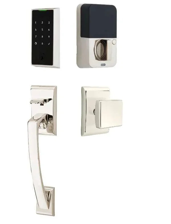 Emtek EMPowered 2 Touch Key Free Entry Set with Ares Grip and Interior Square Knob Lifetime Polished Nickel