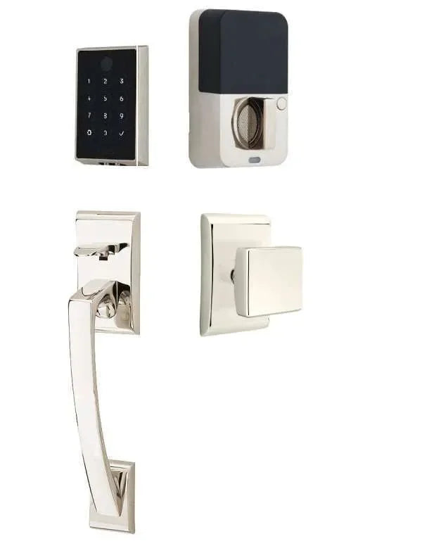 Emtek EMPowered 2 Touch Key Free Entry Set with Ares Grip and Interior Square Knob Lifetime Polished Nickel