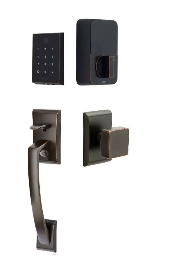 Emtek EMPowered 2 Touch Key Free Entry Set with Ares Grip and Interior Square Knob Oil Rubbed Bronze