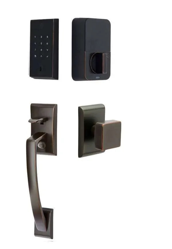 Emtek EMPowered 2 Touch Key Free Entry Set with Ares Grip and Interior Square Knob Oil Rubbed Bronze