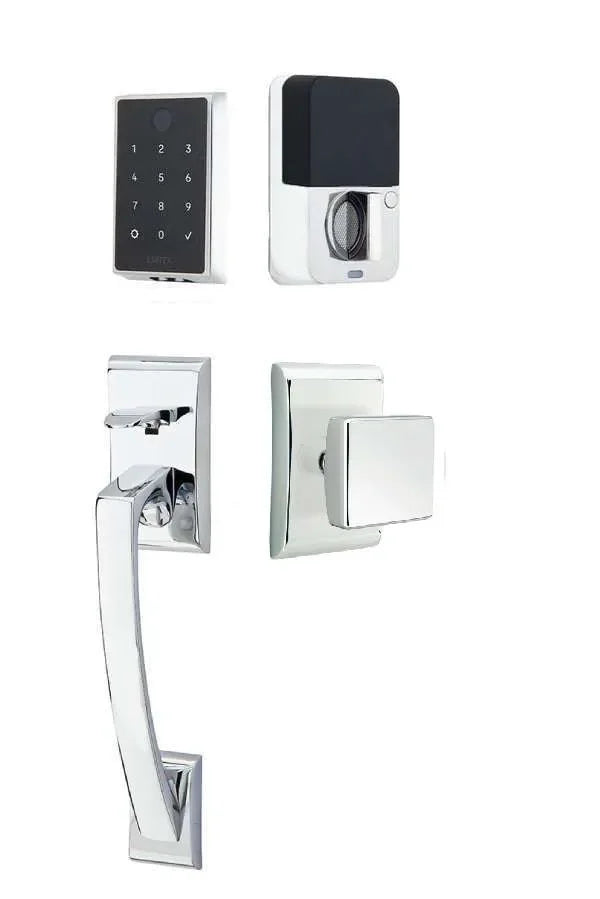 Emtek EMPowered 2 Touch Key Free Entry Set with Ares Grip and Interior Square Knob Polished Chrome