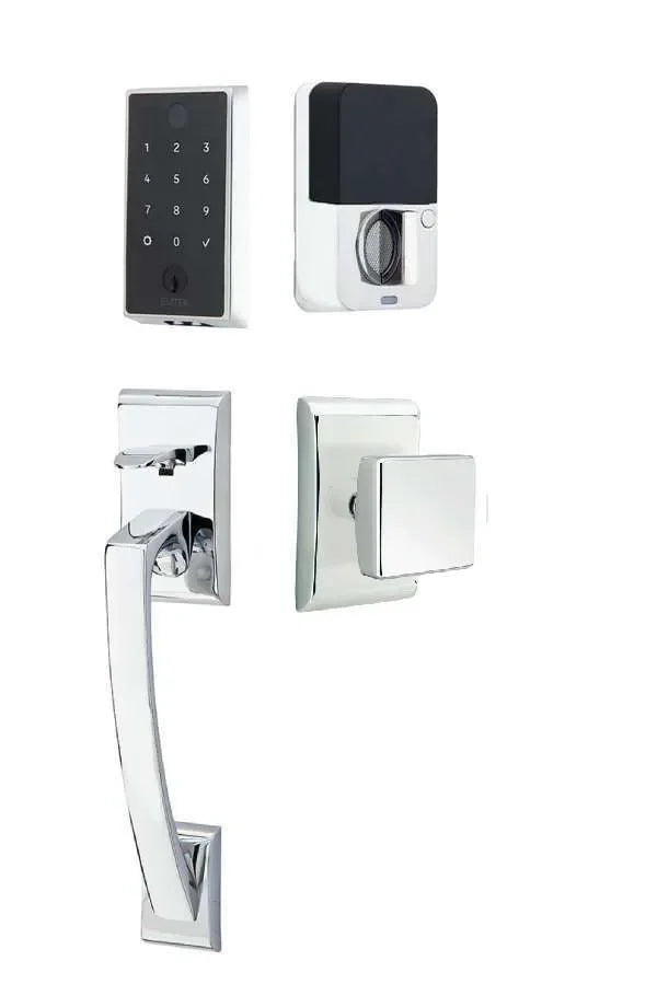 Emtek EMPowered 2 Touch Key Free Entry Set with Ares Grip and Interior Square Knob Polished Chrome
