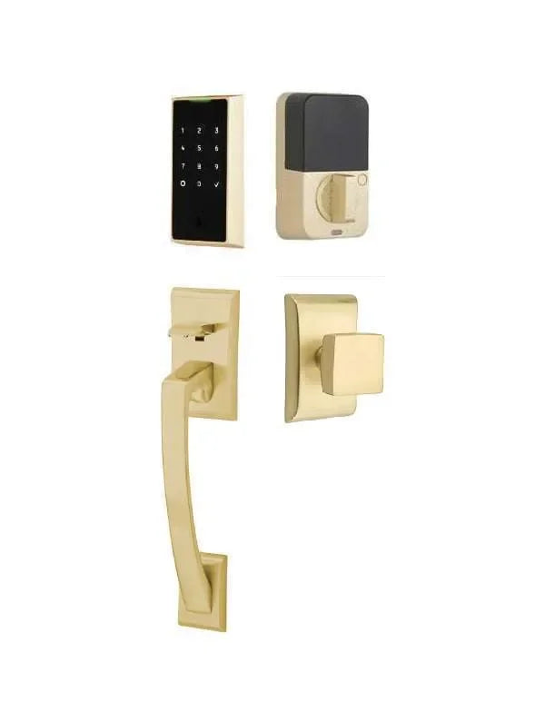 Emtek EMPowered 2 Touch Key Free Entry Set with Ares Grip and Interior Square Knob Satin Brass