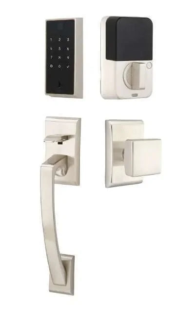 Emtek EMPowered 2 Touch Key Free Entry Set with Ares Grip and Interior Square Knob Satin Nickel