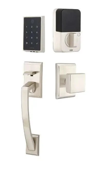 Emtek EMPowered 2 Touch Key Free Entry Set with Ares Grip and Interior Square Knob Satin Nickel