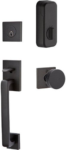 The Emtek EMPowered Baden Tubular Entrance Handleset Single Cylinder with Bern Knob in Flat Black finish