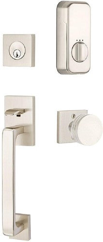 The Emtek EMPowered Baden Tubular Entrance Handleset Single Cylinder with Bern Knob in Satin Nickel finish