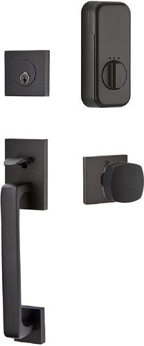 Emtek EMPowered Baden Tubular Entrance Handleset Single Cylinder with Freestone Square Knob in Oil Rubbed Bronze finish