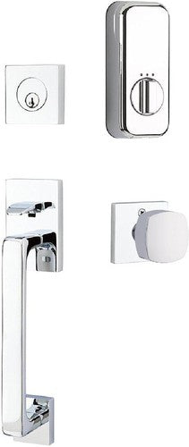 Emtek EMPowered Baden Tubular Entrance Handleset Single Cylinder with Freestone Square Knob in Polished Chrome finish