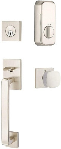 Emtek EMPowered Baden Tubular Entrance Handleset Single Cylinder with Freestone Square Knob in Satin Nickel finish