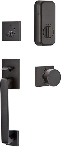 The Emtek EMPowered Baden Tubular Entrance Handleset Single Cylinder with Round Knob in Oil Rubbed Bronze finish