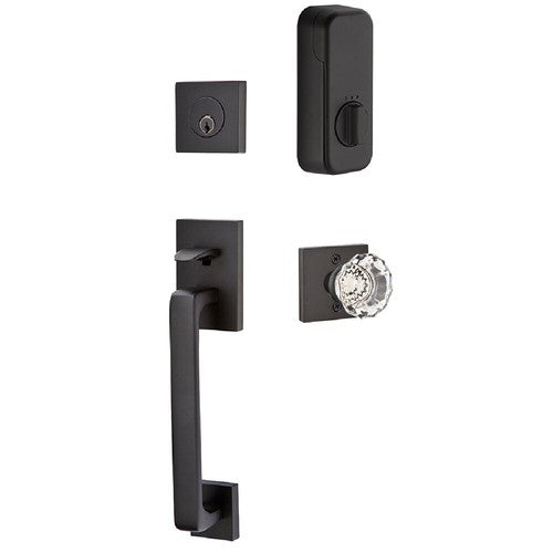 Emtek EMPowered Smart Lock Baden Tubular Single Cylinder Entrance Handleset with Astoria Clear Crystal Knob in Flat Black finish