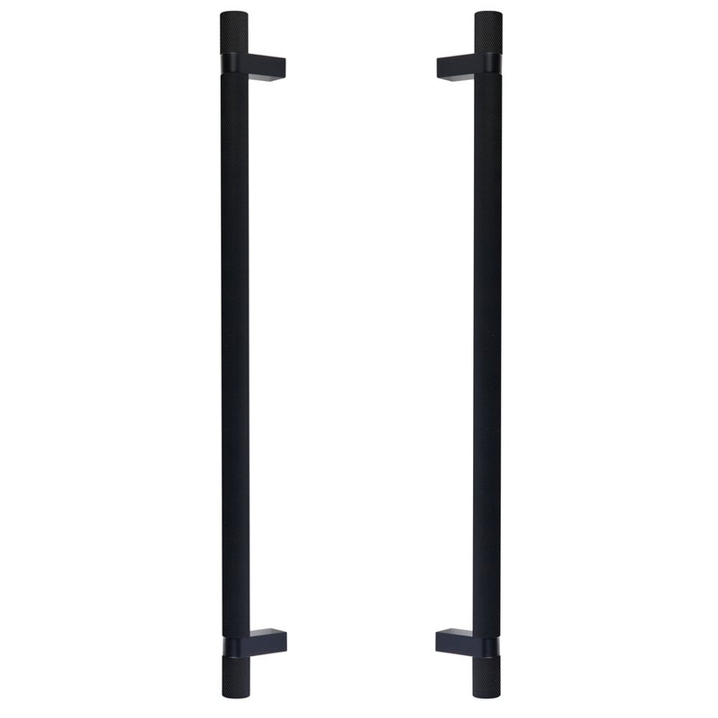 The Emtek Back-to-Back Select Knurled Appliance Bar Pull, 18" C-to-C in Flat Black finish