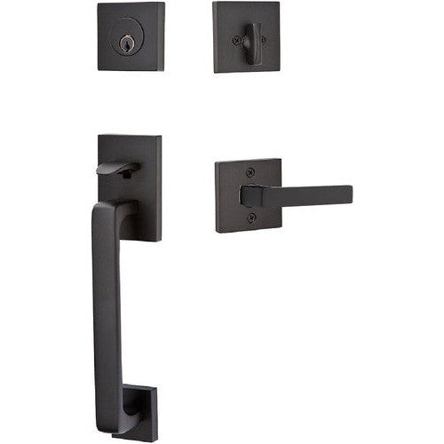 Emtek Baden Entrance Handleset With Dumont Lever in Flat Black finish