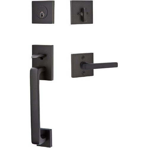 Emtek Baden Entrance Handleset With Freestone Lever in Flat Black finish