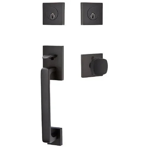 Emtek Baden Entrance Handleset With Freestone Square Knob in Flat Black finish