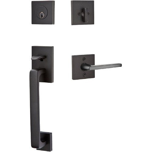 Emtek Baden Tubular Entrance Handleset with Helios Lever in Flat Black finish