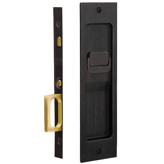 Emtek Privacy Rustic Modern Rectangular Pocket Door Mortise Lock in Flat Black Bronze Patina finish