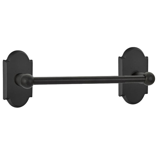 The Emtek Sandcast Bronze Towel Bar with #1 Rosette in Flat Black Bronze Patina finish.