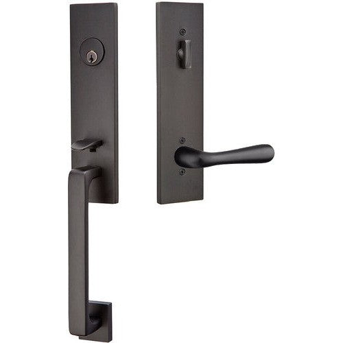 Emtek Davos Handleset with Interior Basel Lever in Flat Black finish