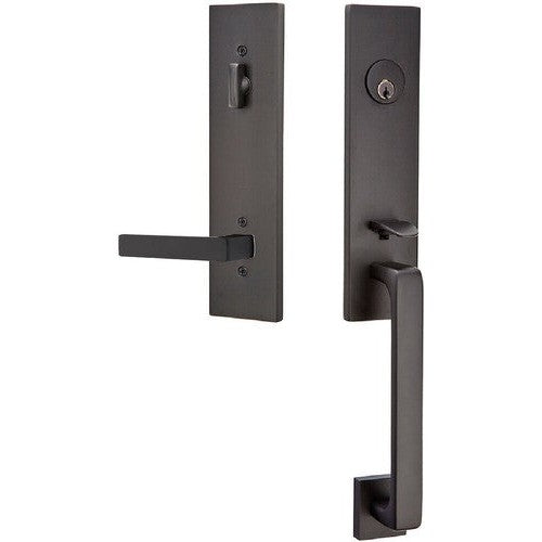 Emtek Davos Tubular Entrance Handleset With Dumont Lever in Flat Black finish