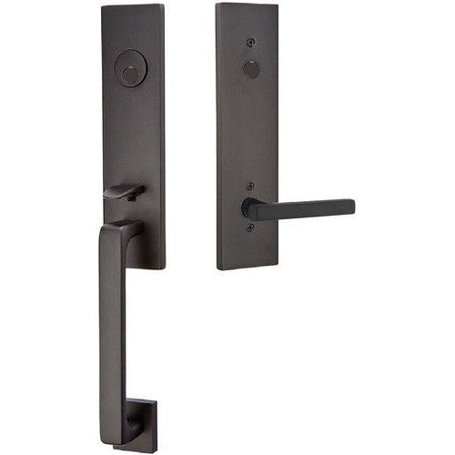 Emtek Davos Tubular Entrance Handleset With Freestone Lever in Flat Black finish