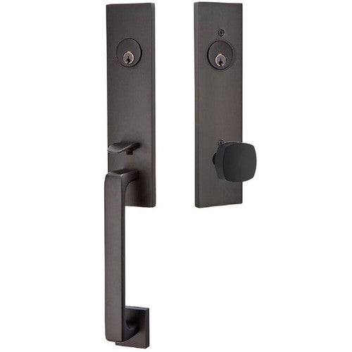 Emtek Davos Tubular Entrance Handleset With Freestone Square Knob in Flat Black finish