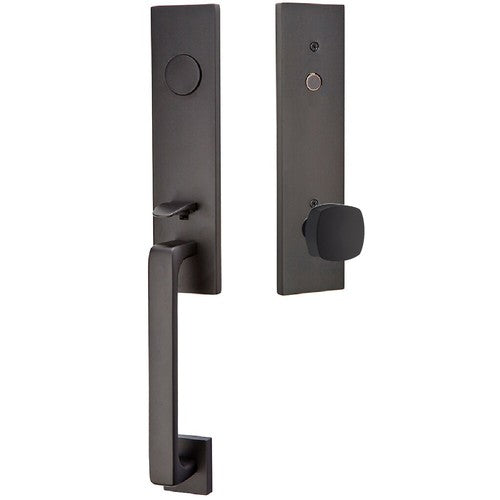 Emtek Davos Tubular Entrance Handleset With Freestone Square Knob in Flat Black finish