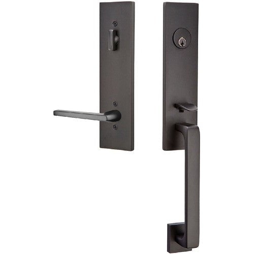 Emtek Davos Tubular Entrance Handleset With Helios Lever in Flat Black finish