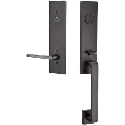 Emtek Davos Tubular Entrance Handleset With Helios Lever in Flat Black finish