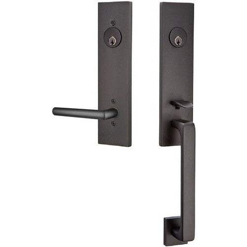 Emtek Davos Tubular Entrance Handleset With Stuttgart Lever in Flat Black finish