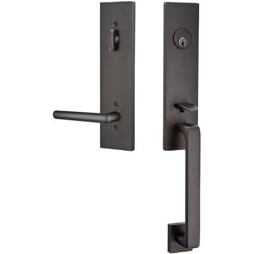 Emtek Davos Tubular Entrance Handleset With Stuttgart Lever in Flat Black finish