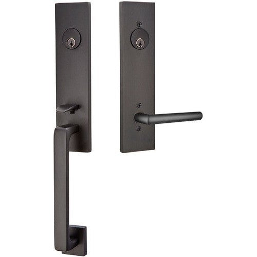 Emtek Davos Tubular Entrance Handleset With Stuttgart Lever in Flat Black finish