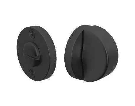 The Emtek Disk Double Rosette Privacy Bolt in Flat Black finish.