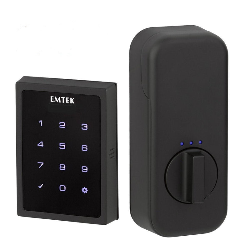 The Emtek Electronic EMPowered Motorized Touchscreen Keypad Deadbolt in Flat Black finish