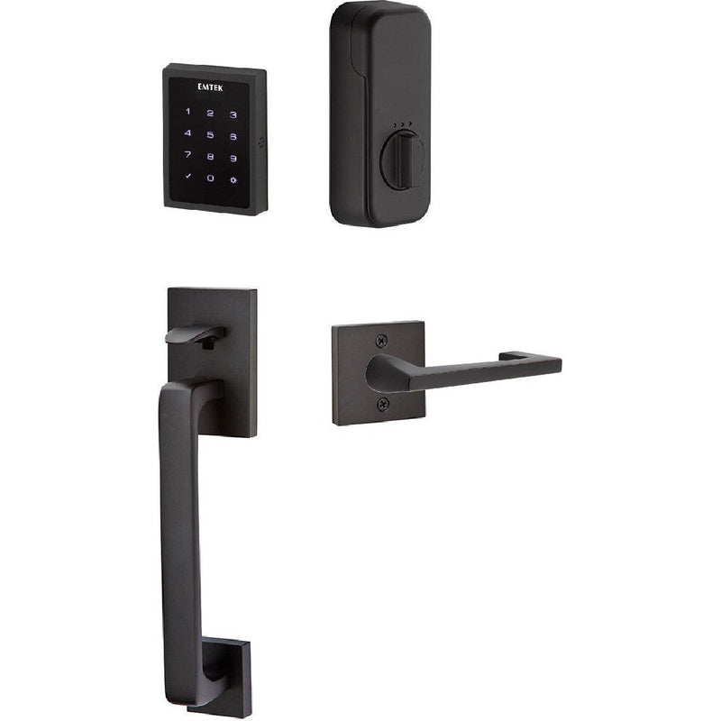 The Emtek Electronic EMPowered Motorized Touchscreen Keypad Entry Set With Baden Grip and Argos Lever in Flat Black finish