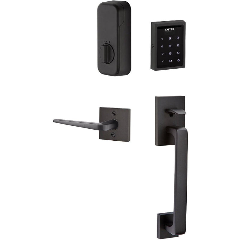 The Emtek Electronic EMPowered Motorized Touchscreen Keypad Entry Set With Baden Grip and Athena Lever in Flat Black finish