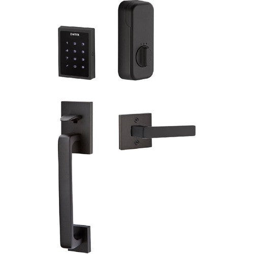 The Emtek Electronic EMPowered Motorized Touchscreen Keypad Entry Set With Baden Grip and Dumont Lever in Flat Black finish