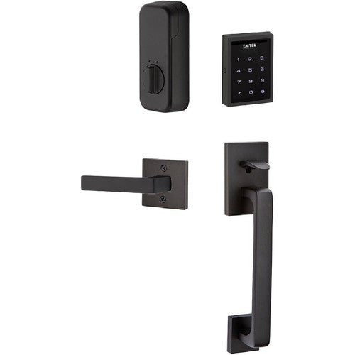 The Emtek Electronic EMPowered Motorized Touchscreen Keypad Entry Set With Baden Grip and Dumont Lever in Flat Black finish