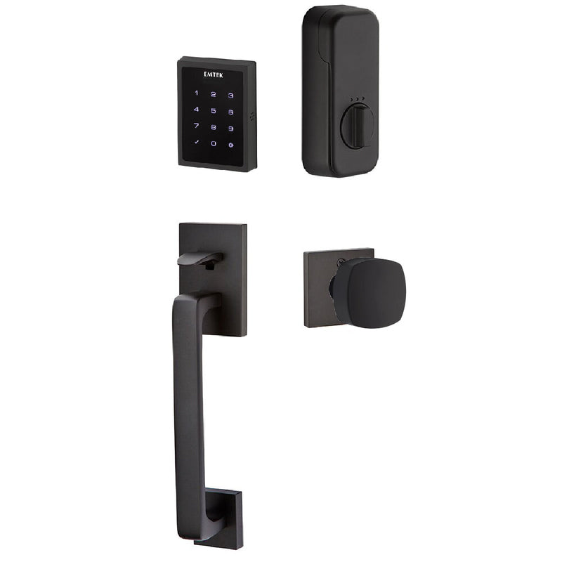 The Emtek Electronic EMPowered Motorized Touchscreen Keypad Entry Set With Baden Grip and Freestone Square Knob in Flat Black finish