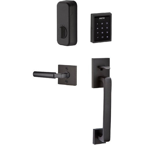 The Emtek Electronic EMPowered Motorized Touchscreen Keypad Entry Set With Baden Grip and Hercules Lever in Flat Black finish