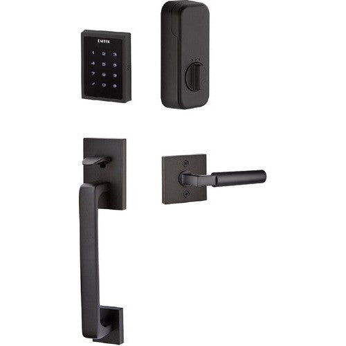 The Emtek Electronic EMPowered Motorized Touchscreen Keypad Entry Set With Baden Grip and Hercules Lever in Flat Black finish