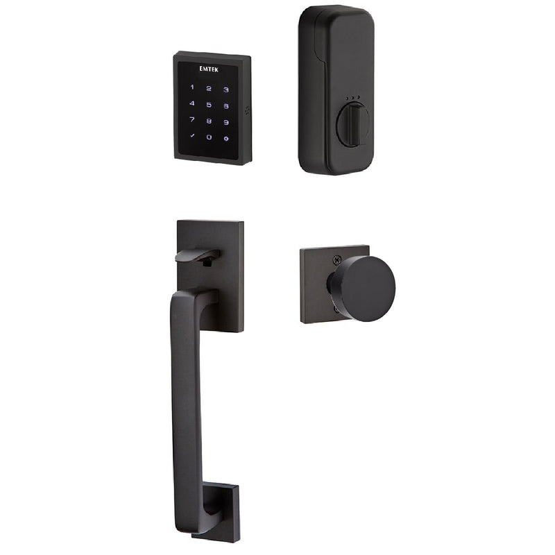 The Emtek Electronic EMPowered Motorized Touchscreen Keypad Entry Set With Baden Grip and Round Knob in Flat Black finish