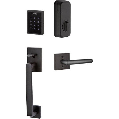 The Emtek Electronic EMPowered Motorized Touchscreen Keypad Entry Set With Baden Grip and Stuttgart Lever in Flat Black finish