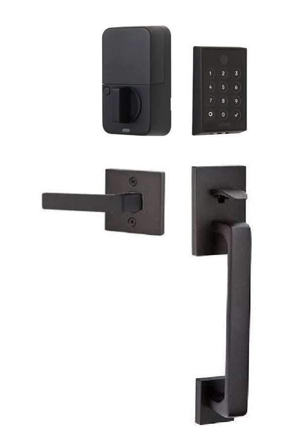 The Emtek EMPowered 2 Touch Entry Set with Baden Grip and Interior Dumont Lever in Flat Black finish.