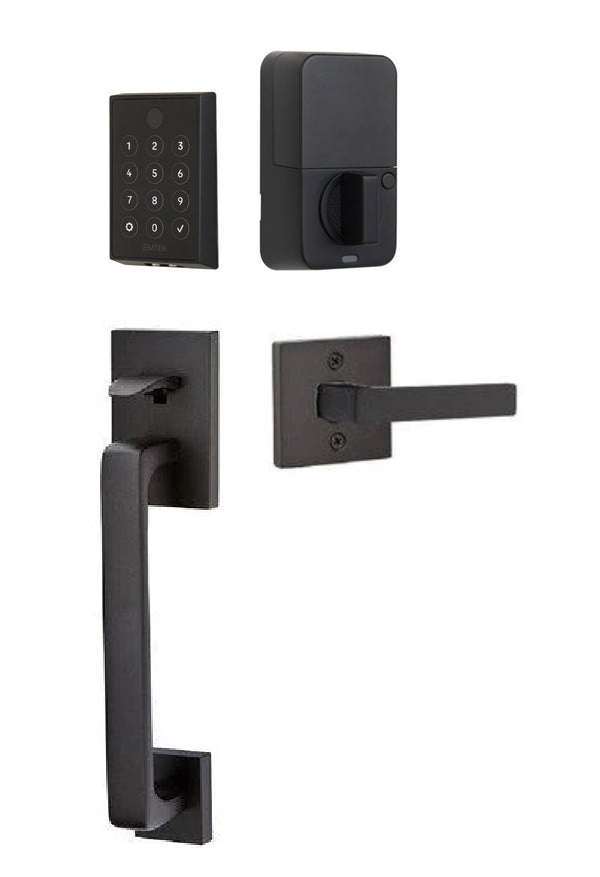 The Emtek EMPowered 2 Touch Entry Set with Baden Grip and Interior Dumont Lever in Flat Black finish.