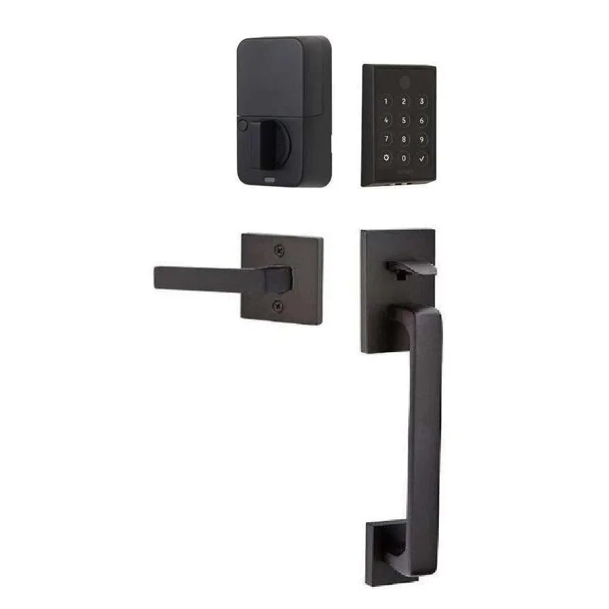 The Emtek EMPowered 2 Touch Entry Set with Baden Grip and Interior Dumont Lever in Flat Black finish.