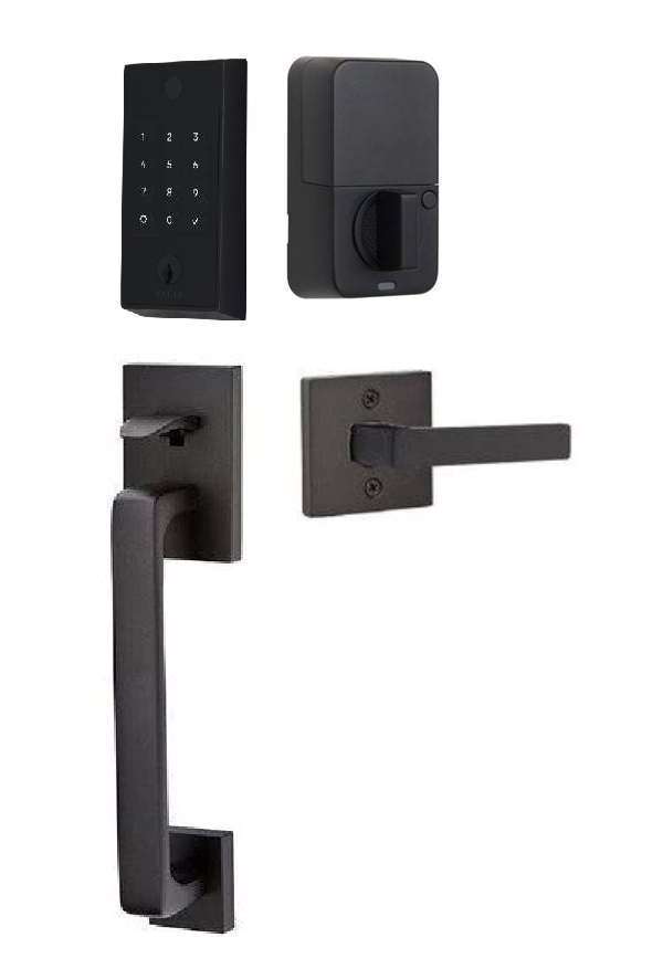 The Emtek EMPowered 2 Touch Entry Set with Baden Grip and Interior Dumont Lever in Flat Black finish.