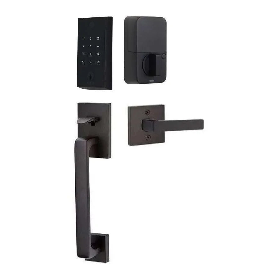 The Emtek EMPowered 2 Touch Entry Set with Baden Grip and Interior Dumont Lever in Flat Black finish.